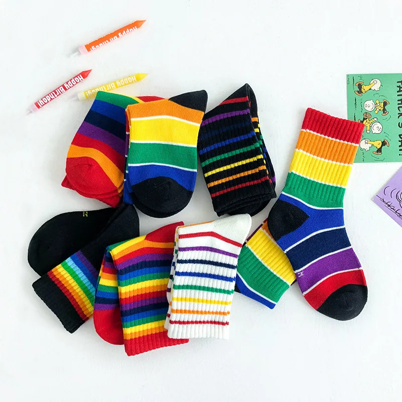 1 Pairs Rainbow Socks for Kids Spring Summer Colourful Stripe Breathable Cotton Girls Boys Tube Socks School Long Socks 1-8 Year 2