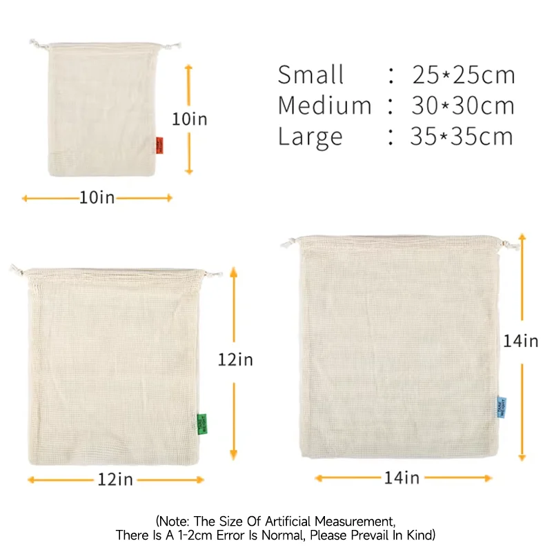 Eco-Friendly Reusable Organic Cotton Produce Bags - Set of 3/5/10