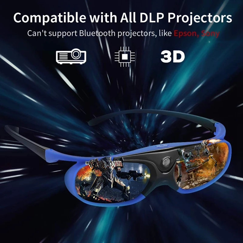 New Active Shutter Eyewear DLP-Link 3D Glasses USB Rechargeable for DLP LINK Projectors Compatible with Sony BenQ W1070 W700 Pro