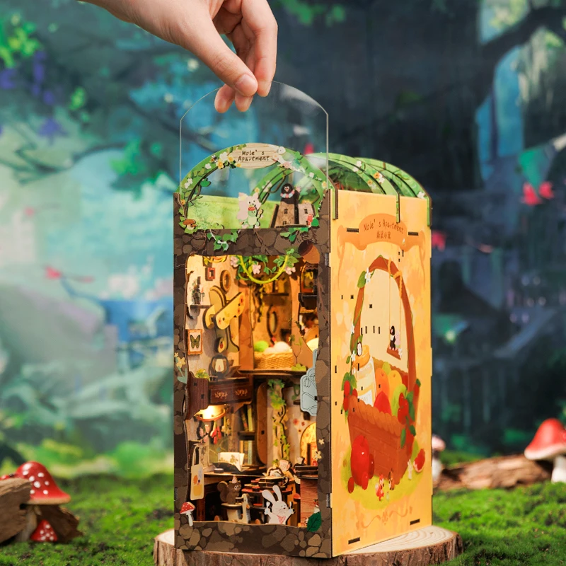 Cutebee Book Nook Kit 3D Wooden Puzzle Bookshelf Roombox Toy Mole's Apartment Miniature with Dustproof Cover LED Light Booknook 4