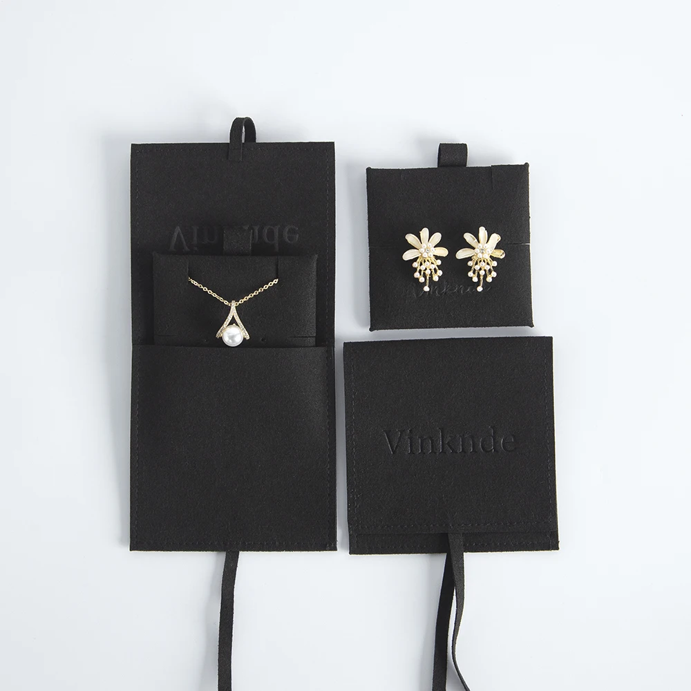 Luxury Black Suede Microfiber Gift Pouch With Insert Earring Display Cards Custom Logo Emboss Envelope Jewelry Packaging Bags