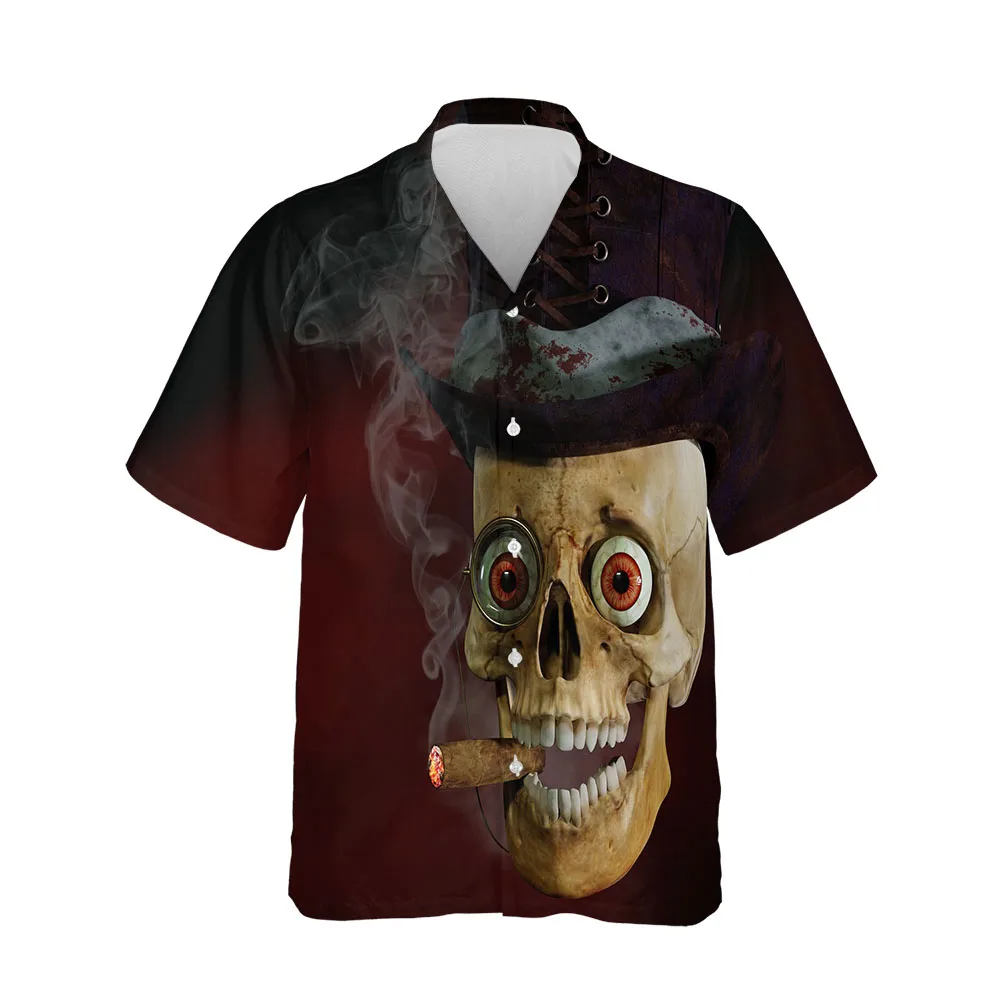 Jumeast Strange Skull Blouses Shirts For Men Halloween Print Button Up Short Sleeve Oversized Men's Shirt Streetwear Clothing