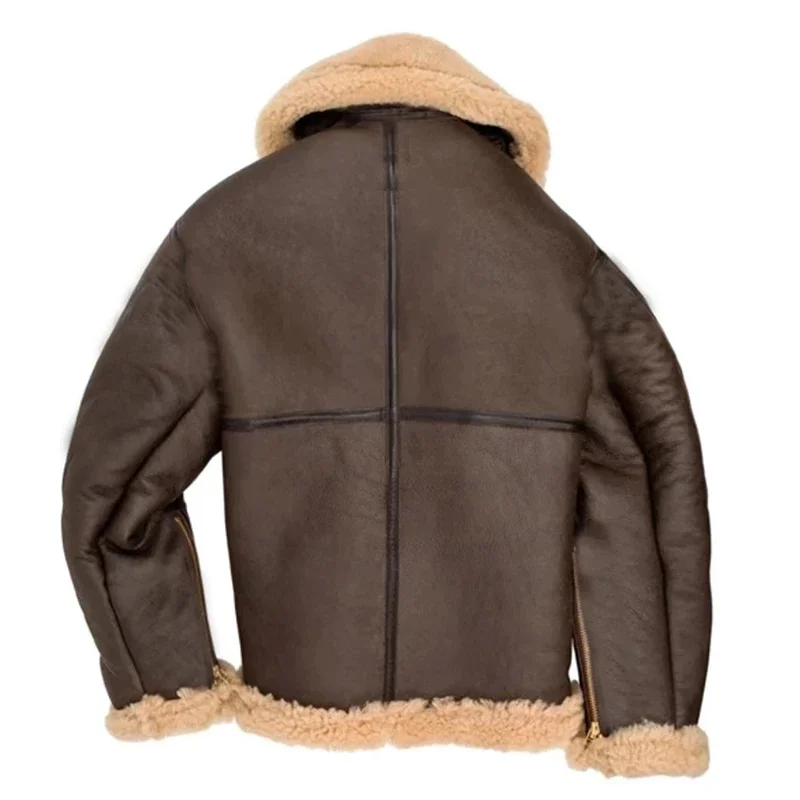 Men's Faux Leather Classic Brown Black Bomber Jacket Winter Shearling Sheepskin Coat Large Size Male Fleece Warm Outerwear