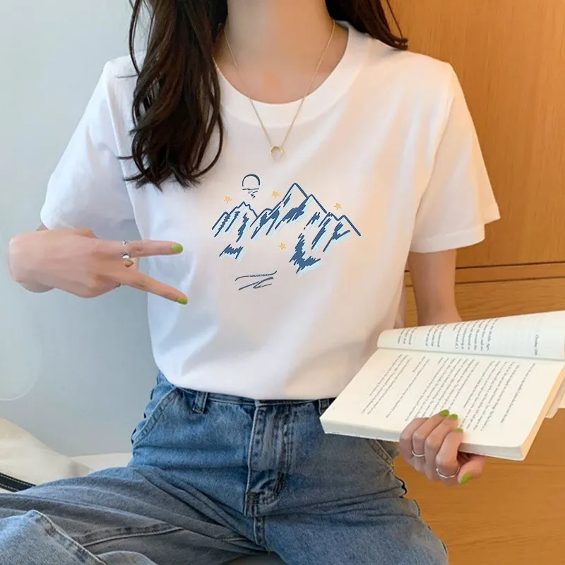 

TC17 T shirt Women T Shirt Short Sleeve O-neck Female Tops white flowers Casual Loose Summer Clothes 100% Cotton