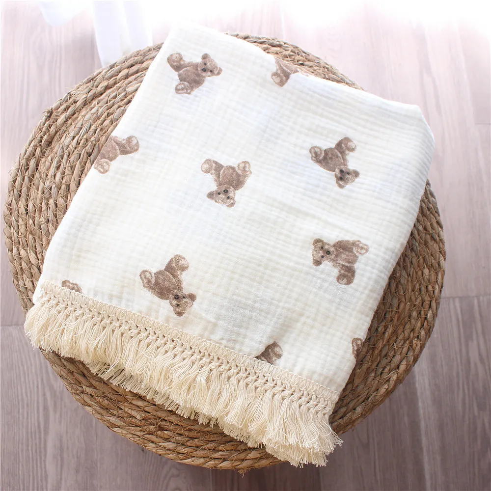 Luxurious Organic Cotton Muslin Baby Swaddle Blanket with Fringe