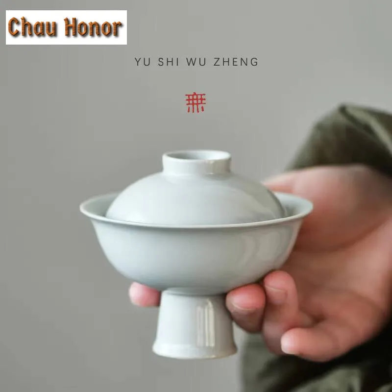 70ml Ceramic 45 Degree Gray High Foot Covered Bowl Dunhuang Small Flower Tea Tureen Creative Tea Brewing Gaiwan Kung Fu Teaset