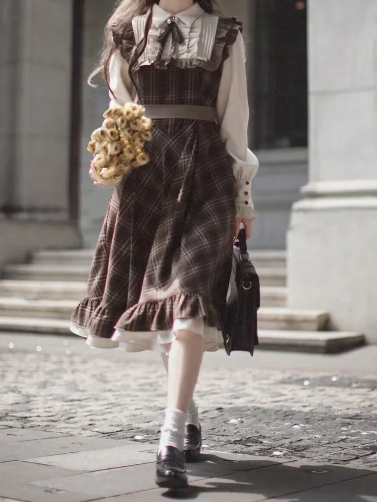 Fake Two-Piece Dress for Women Long Skirt Slim Fit Waist Cinching Vintage Lolita Plaid Bow New Korean Style Fashion Winter 2024 3