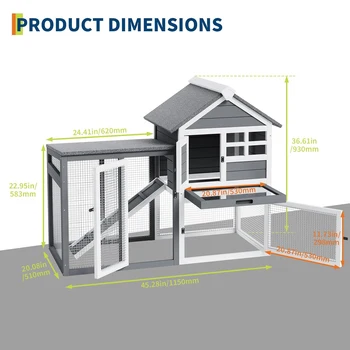 Rabbit Hutch Chicken Cage Indoor and Outdoor, 2-Story Rabbit Cage with Pull Out Tray, Wood Pet House with Ramp, Waterproof Roofs 4