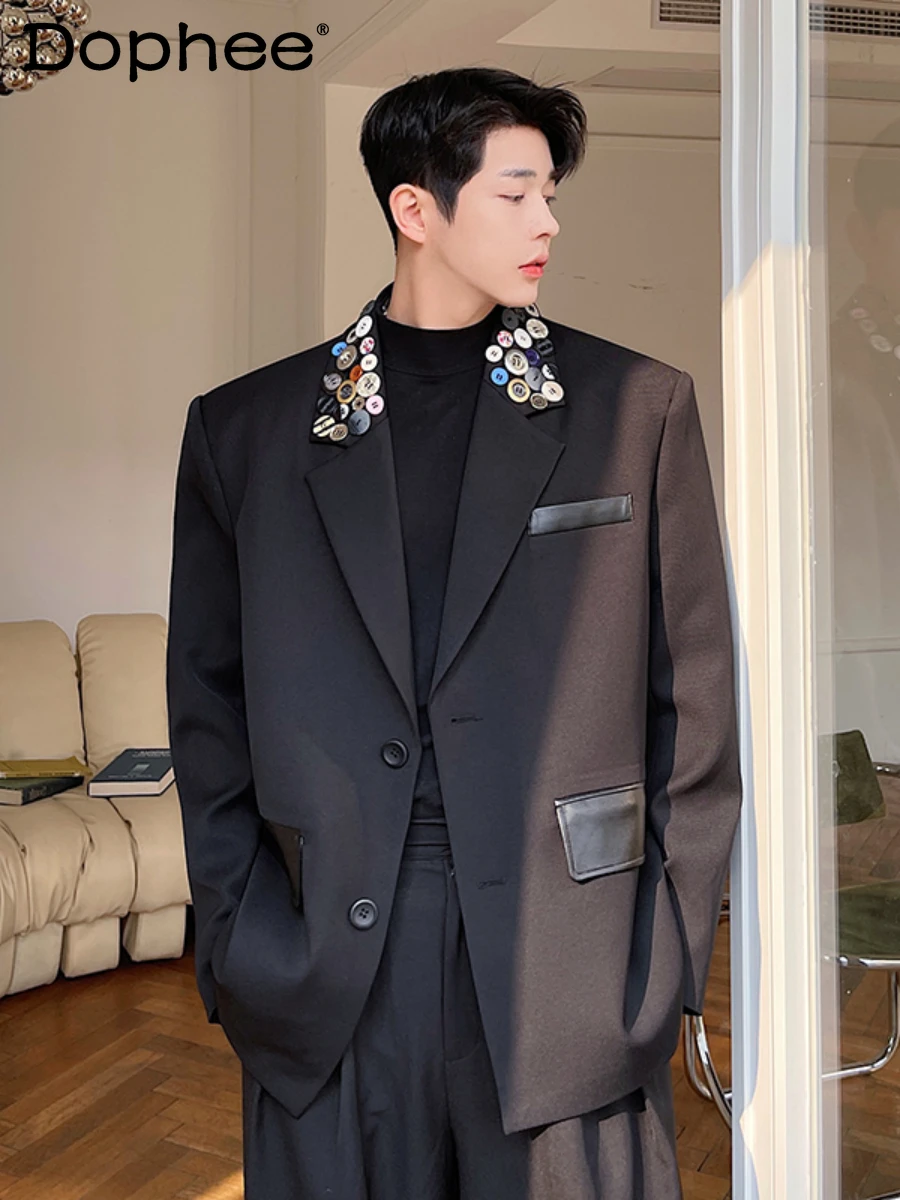 

Мужской однобортный кожаный костюм, черная куртка ручной работы с фиксированной пряжкой, в стиле пэчворк, весна 2024