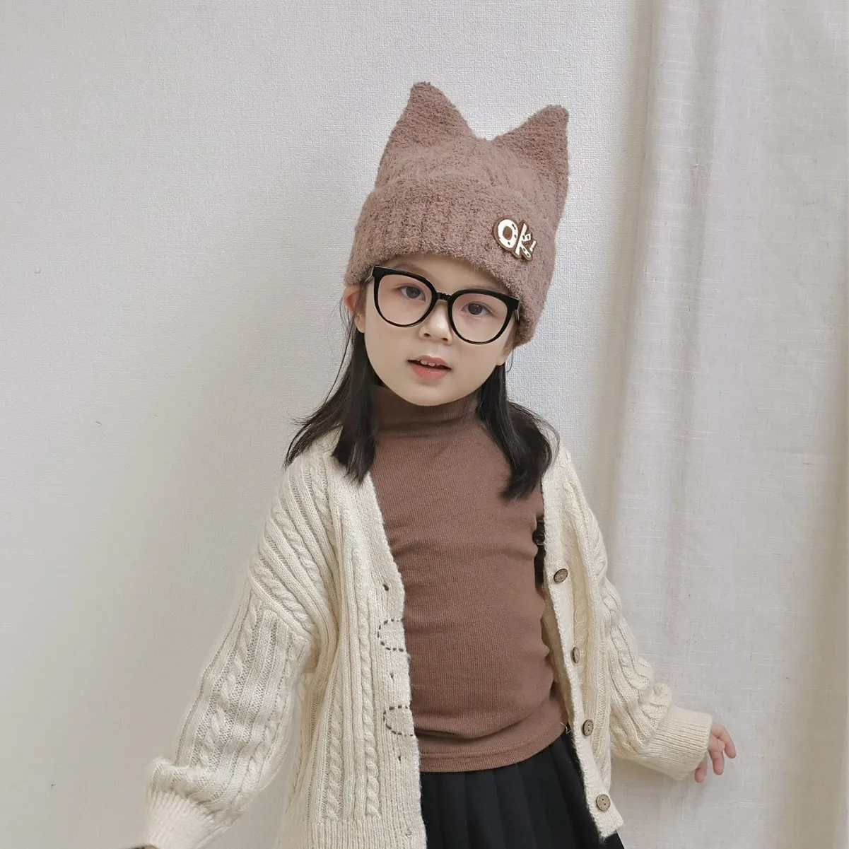 2025 New Kids Girls OK Cat Ears Hats Winter WarmKnitted Beanie Hat For Outdoor Snow Ski Cap Ages 5-12 years