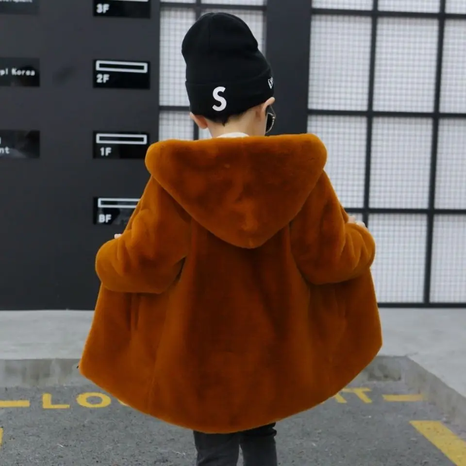 Young Boys' Hooded Mink Fur Woolen Coat Solid Children's Clothing Winter Thickened Warm Korean Fashionable 3-12 Years Old