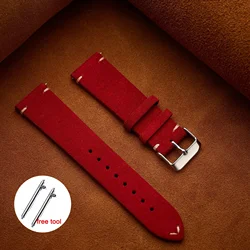 Premium Soft Suede Leather Vintage Watchband - Quick Release Calfskin Strap - 22mm (Red)