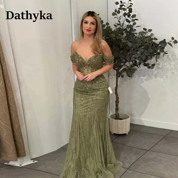 Dathyka Charming V Neck Formal Evening Dress Lace Appliques Off the Shoulder Trumpet Tulle Pleats Sweep Train Customized 1