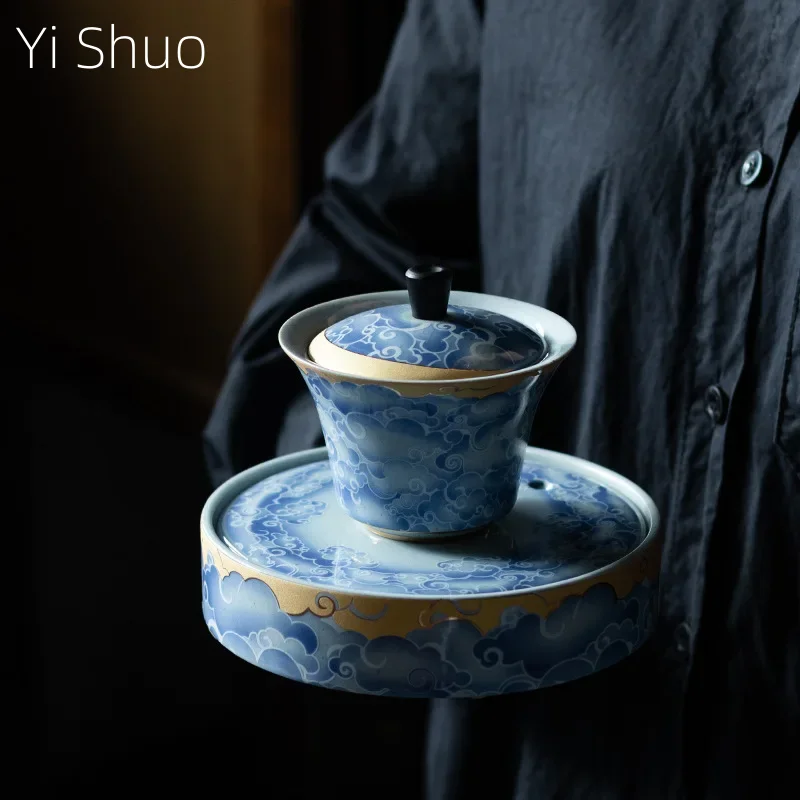 Qingyun Moon Cover Bowl Handmade Kiln Baked Colorful Ceramic Three-Force Cover Bowl Household Kung Fu Tea Cup Gaiwan Tea Set