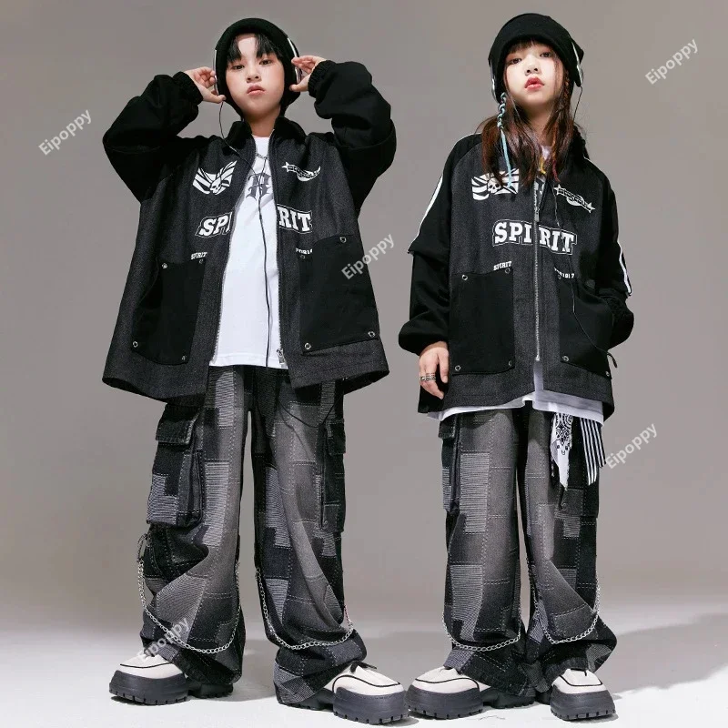 

Hip Hop Boys Pocket Loose Jacket Plaid Jeans Girls Street Dance Coat Denim Pants Clothes Sets Kids Streetwear Child Jazz Costume