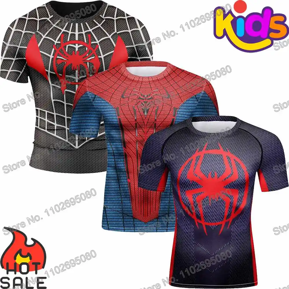 Rash Guard Kids Spider Surf Clothing BJJ MMA Short Sleeve Diving T-Shirt For Summer Beach