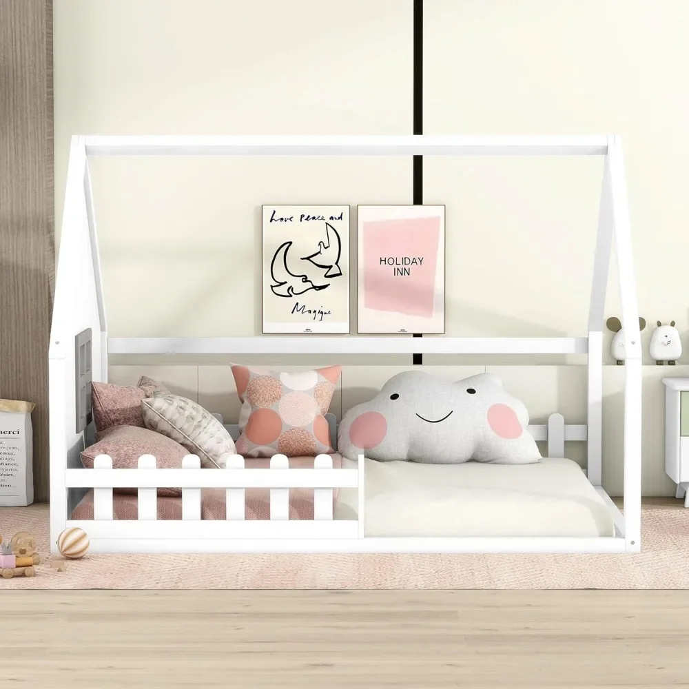 House Bed for Kids Full Montessori Floor Bed Wood Frame with Rails and Window, No Box Spring Needed, for Kids Teens Girls Boys 4