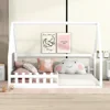 House Bed for Kids Full Montessori Floor Bed Wood Frame with Rails and Window, No Box Spring Needed, for Kids Teens Girls Boys 4
