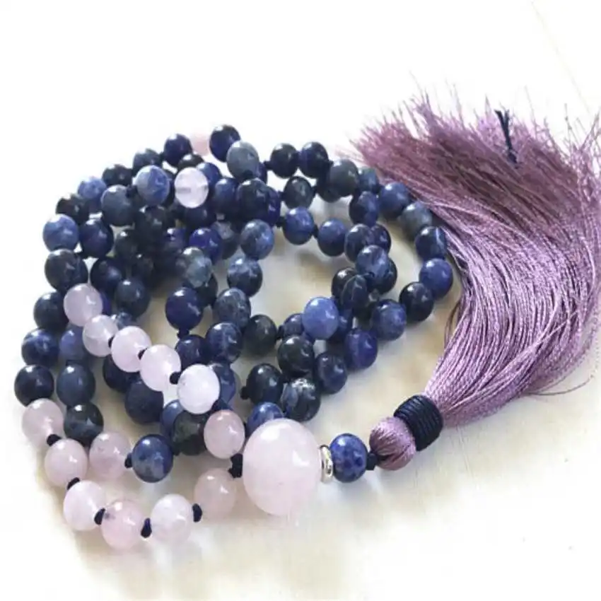 8mm 108 Beads gangue powder crystal tied with tassel necklace Trendy Men Crystal Everyday wear Chakra Rustic Pendant
