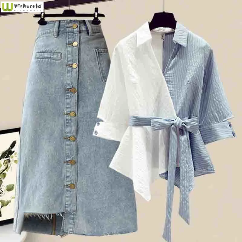 Large M-4xl Women's Spring and Summer Suit Fashionable Thin Age Reducing Shirt Short Sleeve Skirt Two Piece Set Women's Suit