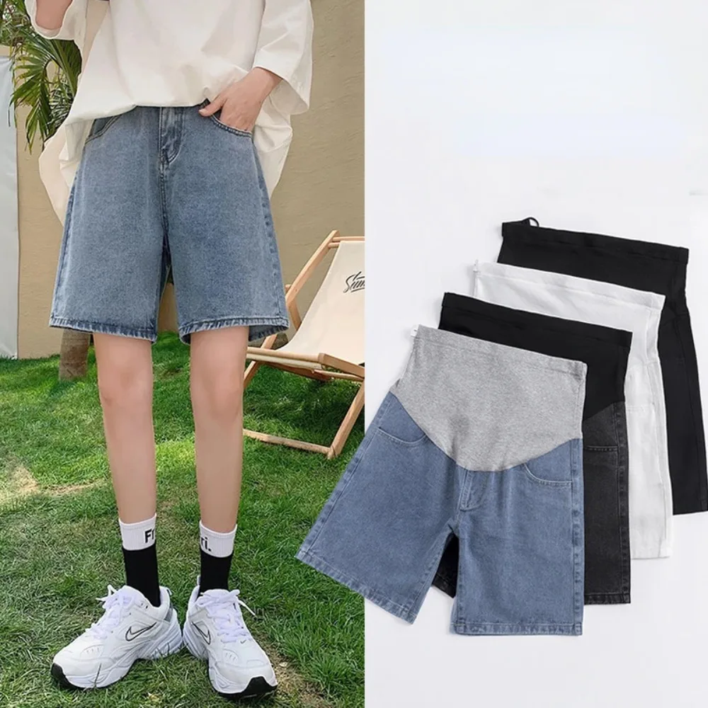 High Waist Side Stripe Patchwork Maternity Cotton Trousers Adjustable Waist Short Jeans Korean Style Pregnant Woman Denim Shorts