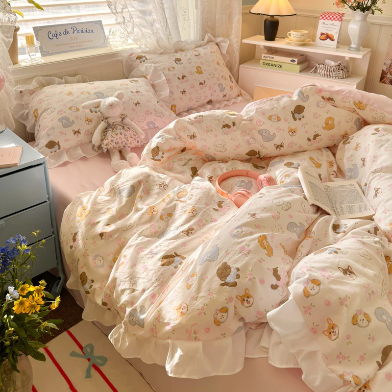 Sweet Vintage Floral Ruffle Cute Ruffles Bedding Set Twin Single Double Queen Soft Duvet Cover Bed Sheet Pillowcases 4Pcs 3
