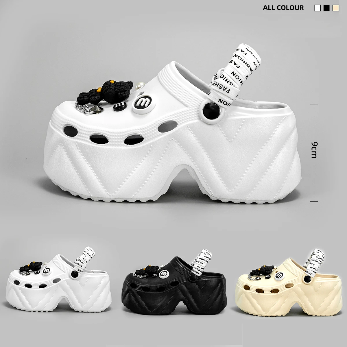 New Fashionable Black and White Strappy Bear High Heeled Imitation Leather Pattern Clogs X8809 - Image 5