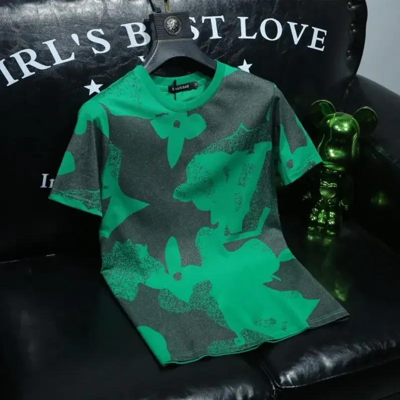 

Новинка лета 2024, роскошная индивидуализированная Футболка с принтом, модная мужская облегающая футболка с коротким рукавом и круглым вырезом