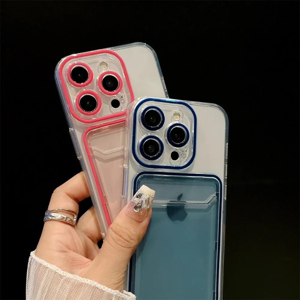 Transparent Card Holder Slot Case for iPhone 16 15 14 Pro Max Plus 11 12 13 Wallet Candy Color Contrast Clear Soft TPU Cover 3