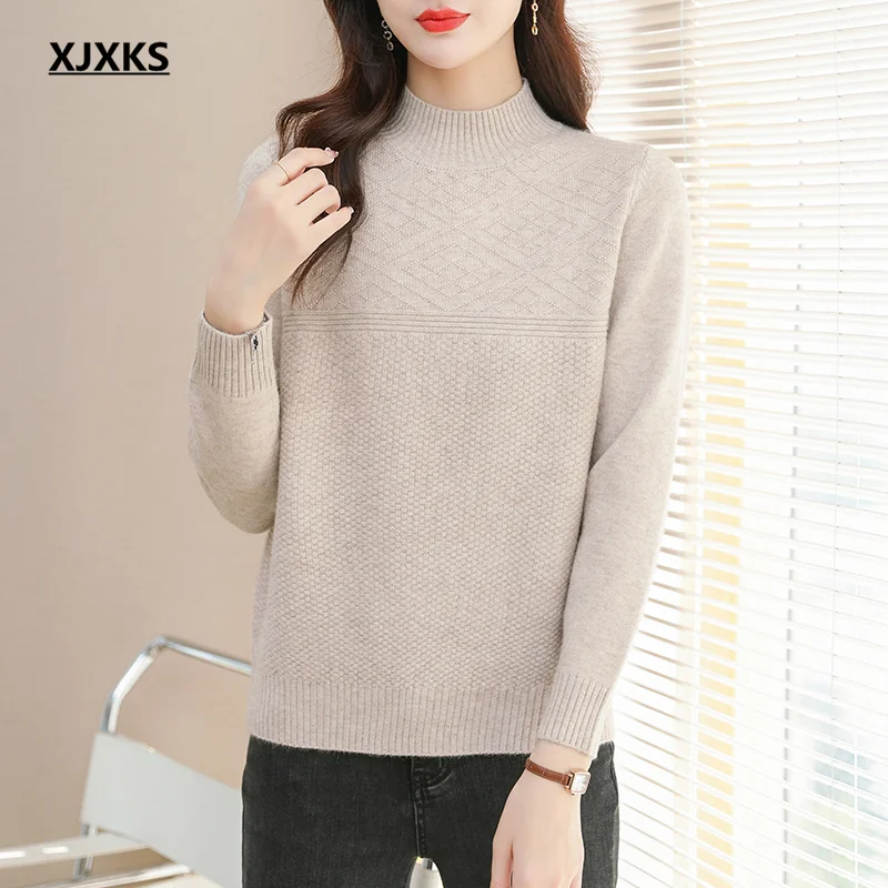 

XJXKS 2024 Winter New Women's High Neck Sweater Warm Comfortable Thickened Wool Knit Pullover Women's Knitwears Top