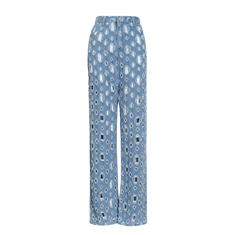 

Y2k Hollow Out Hole Fashion Jeans Women Indie Vintage Wide Leg Pants Loose High Waist Denim 2021 Spring Autumn New Trousers Chic