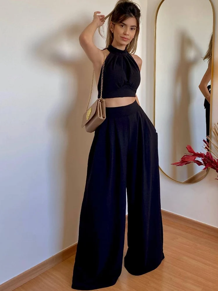 Sexy Women's Summer Trouser Suit High Waist Floor-length Wide Leg Pants  Slim Backless Lace Up Crop Top Vest Two-piece for Women