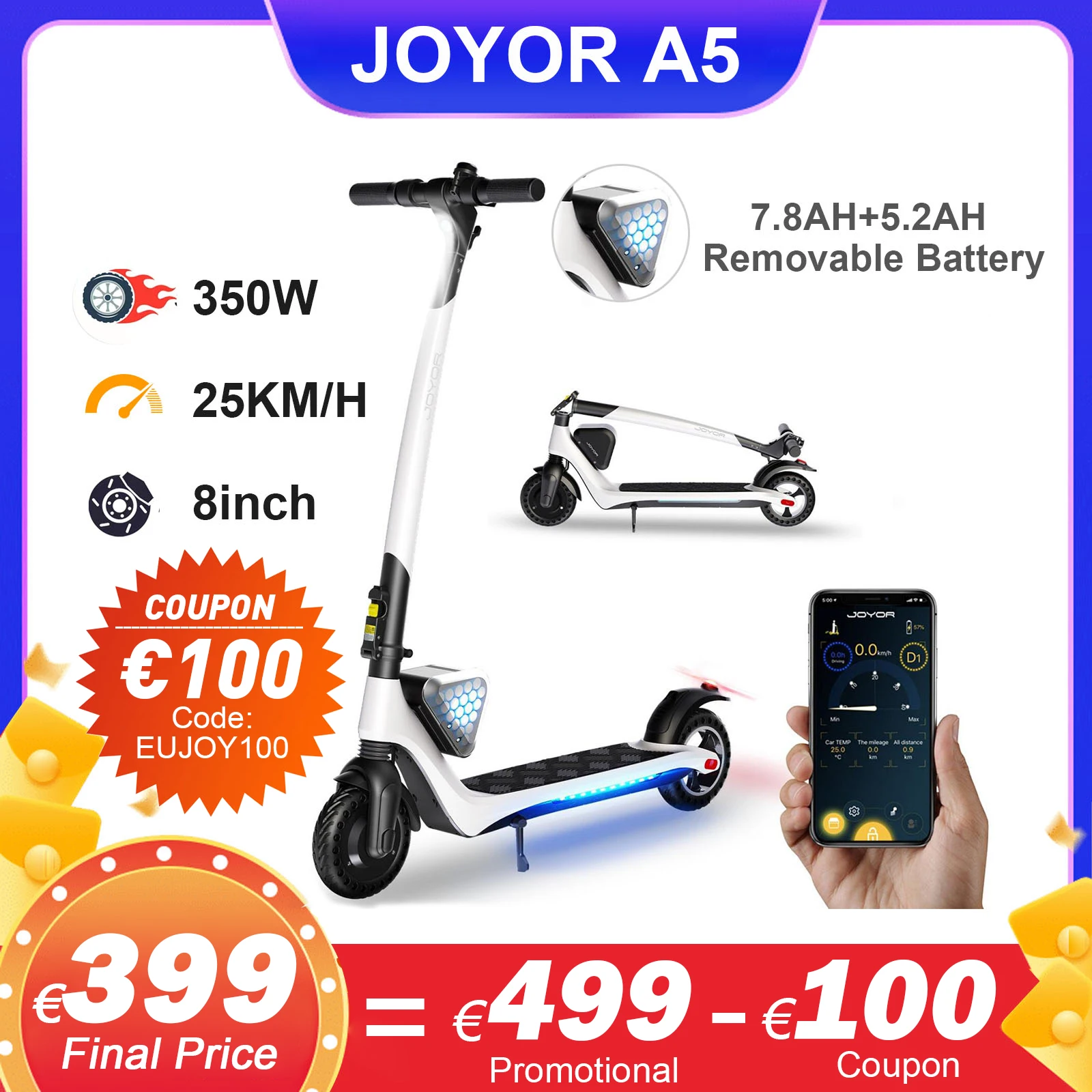 Joyor A5 Adulti Scooter Elettrico 13Ah Batteria 350W Pieghevole App Smart Scooter Elettrico 8 Pollici Pneumatico Fuoristrada 25 Km/H E-Scooter