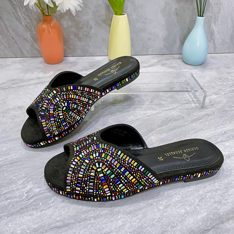 Fashionable Luxury Top Italian Designers 2023 Party Bright Diamond Uppers Summer Party Women's Shoes With Flat Shoes  Nigeria