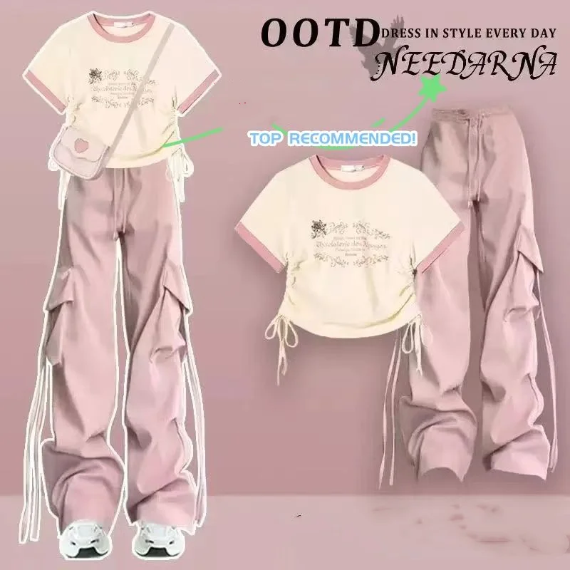 Spring/Summer Fashion Set Women's 2024 Korean Round Neck Top Casual Pink Work Pants Age Reducing Two Piece Set