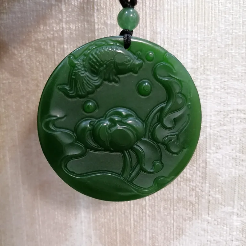 

Natural Green Hand-carved Fish Lotus Jade Pendant Fashion Boutique Jewelry Men and Women's Annual Fish Necklace Gift