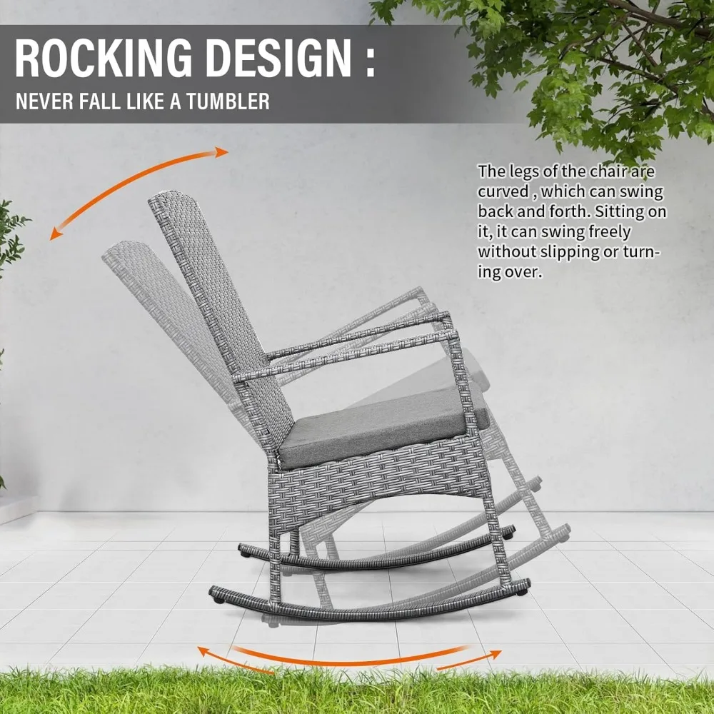 3 Piece Patio Rocking Chair Outdoor Rattan Bistro Set with Glass Top Table Conversation Set with Grey PE Wicker, Gray Cus 4