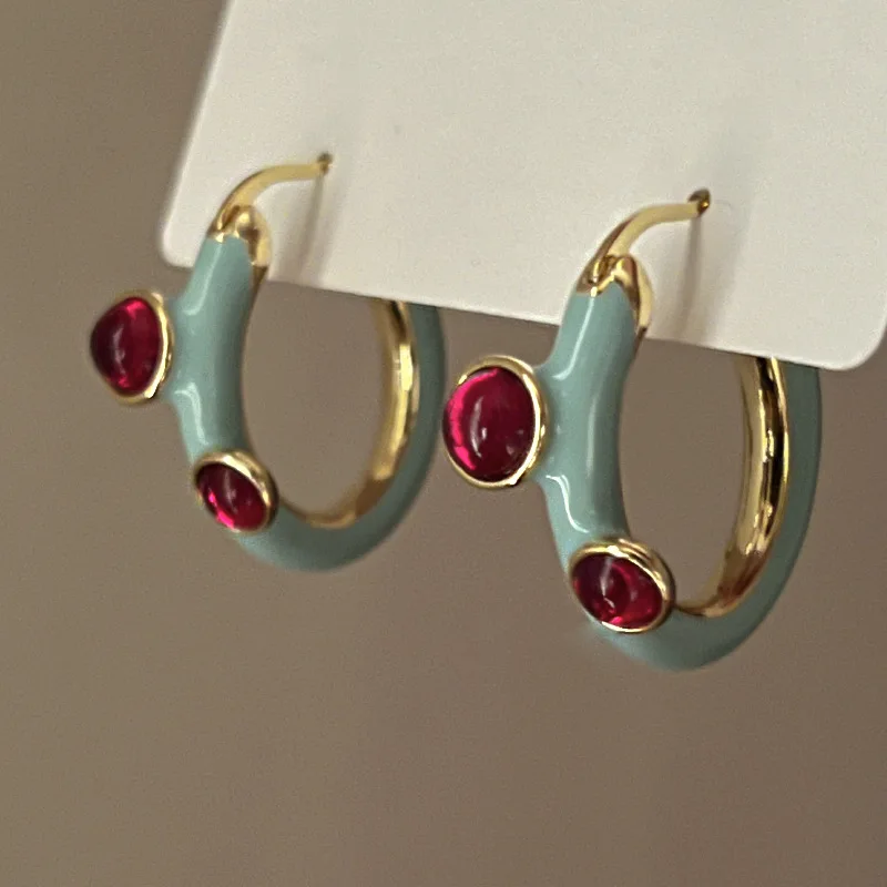 Creative C-shaped Smog Blue Drip Oil Round Earrings Women Luxury Red Crystal Hoop Earrings French Female Wedding Party Jewelry
