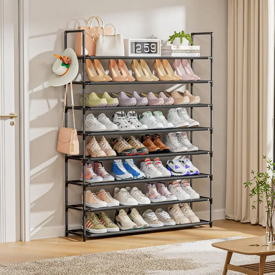 8 Tier Shoe Organizer 33.3in Wide x 11.2in Deep x 55.7in Tall Black Metal and Plastic Shoe Rack Holds up to 3240 Pairs of Shoes