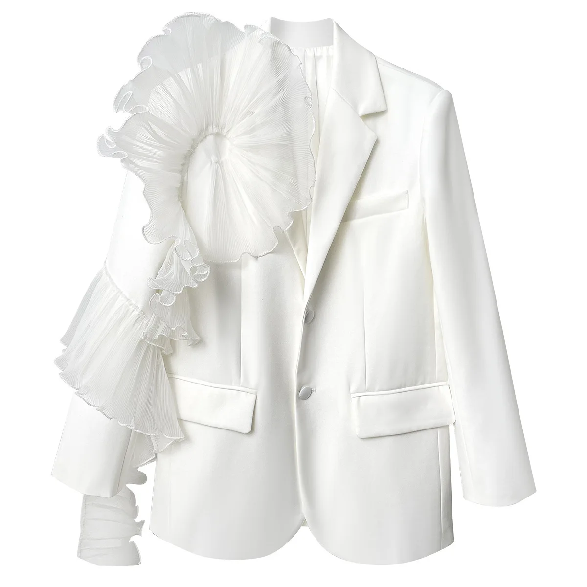 

SuperAen Design Sense Niche Design 2024 Spring New White Single Row Two Button Splicing Mesh Ruffle Edge Blazer