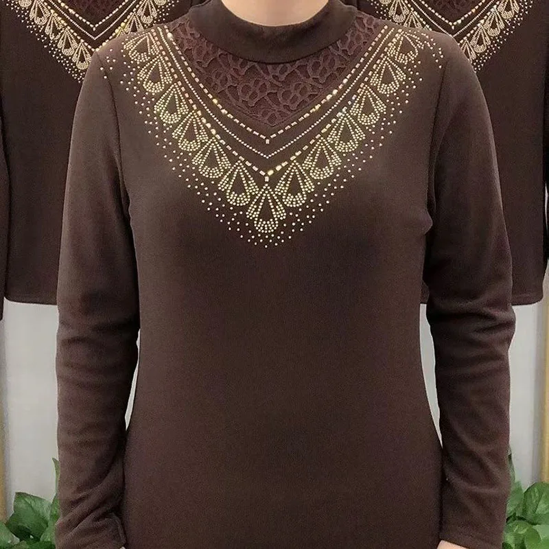Fashion Loose Solid Color Spliced Lace Diamonds Blouses Women Clothing 2023 Autumn Winter Casual Tops Commute Shirts