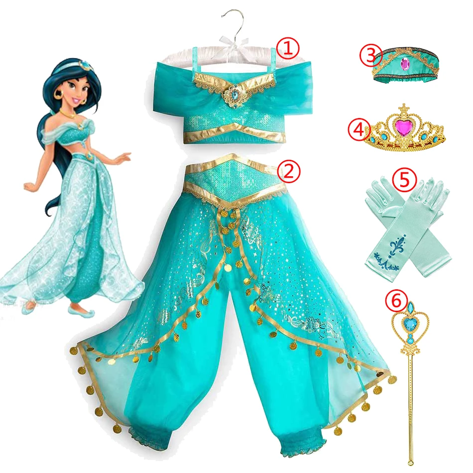 Disney Jasmine Dress Aladdin Princess Magic Lamp Girls Birthday Party Cosplay Costume Top+Pant+Headband Carnival Clothes Vestido