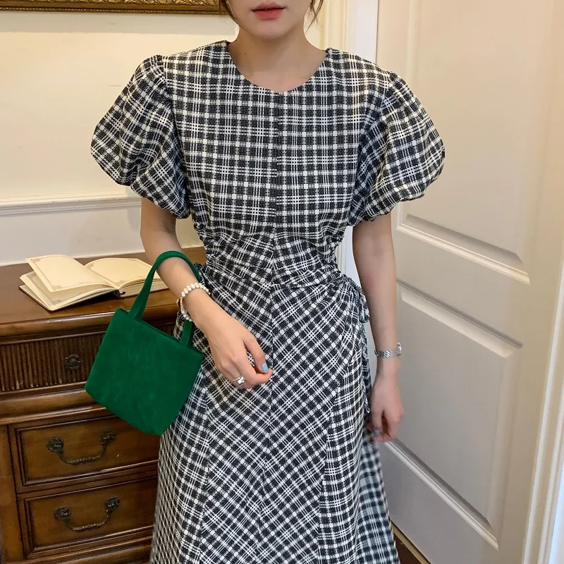 

Vintage Plaid Long Dress Summer Short Puff Sleeve Korean Side Hollow Out Dresses Party Elegant Dress Vestidos