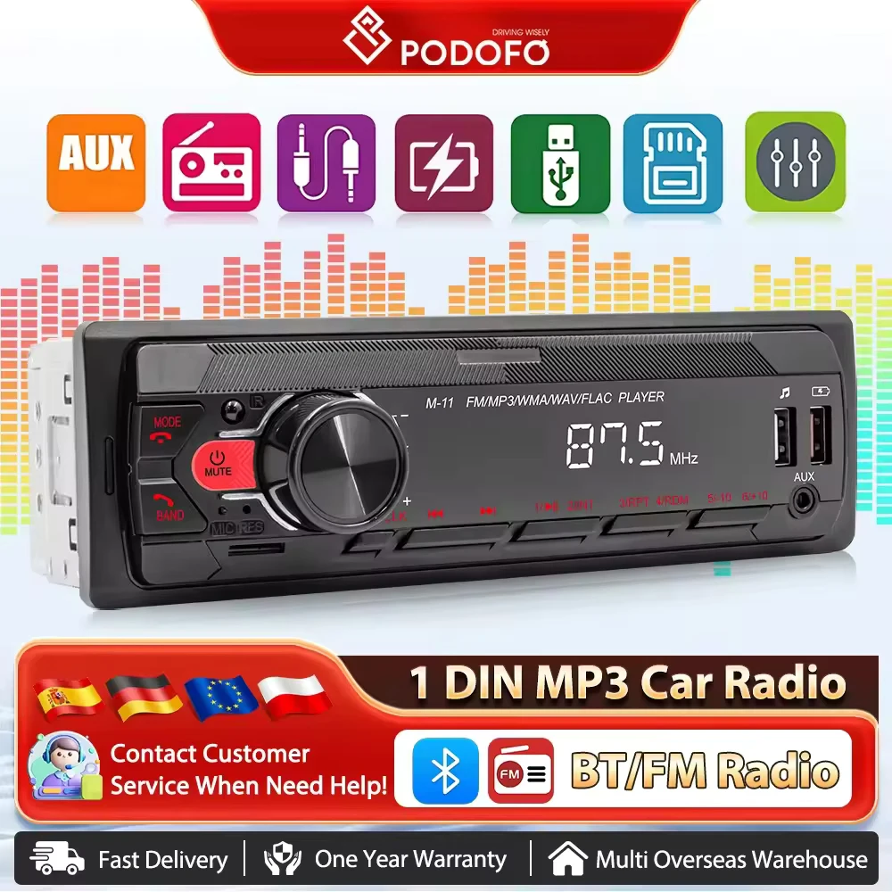 Podofo Autoradio 1din Autoradio lecteur MP3 USB récepteur stéréo Audio BT/USB/SD/AUX-IN 12V Audio stéréo avec Assistant vocal