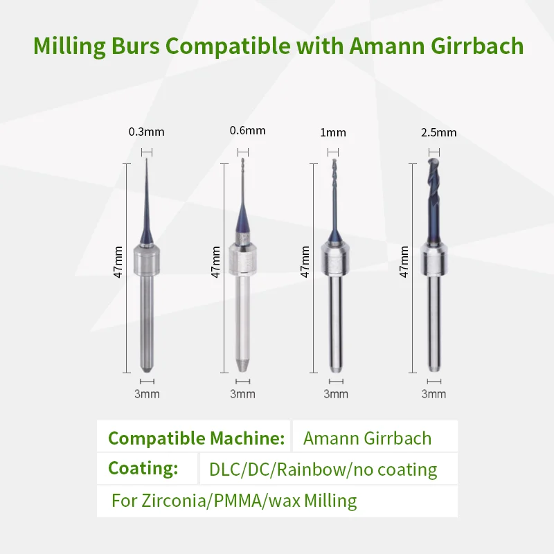 Für Amann Girrbach kompatible Dentalfräser – CVD-beschichtet für CAD/CAM-Zirkonoxidfräsen (Größen 0,6 mm, 1,0 mm, 2,5 mm) – Detail 3