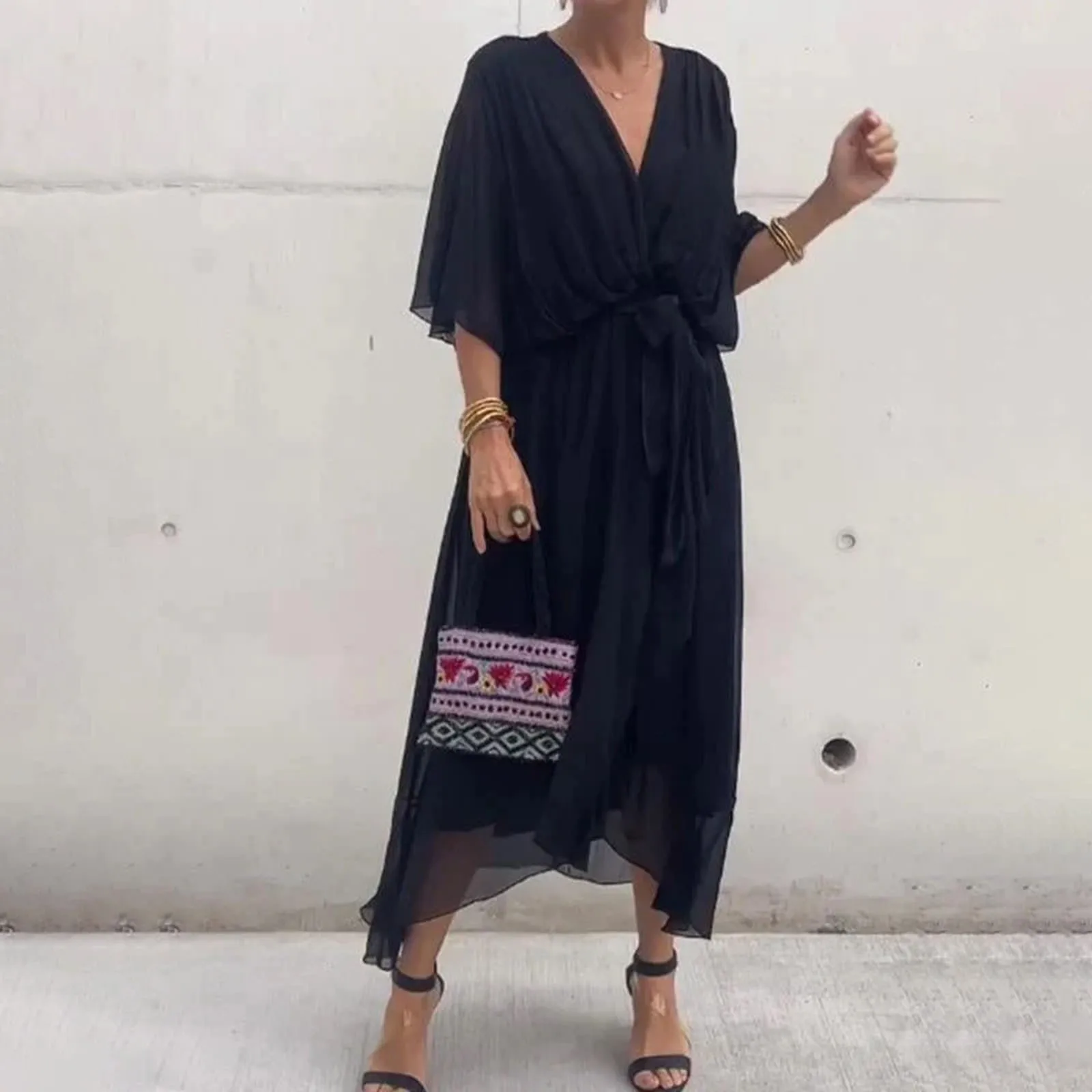 thumbnail image 1 of Vestido elegante con cinturón y cordones para mujer, vestido sexy de corte A con escote en V, manga corta, irregular, vestido de moda, drapeado, liso, estilo bohemio, midi, 1 of 5
