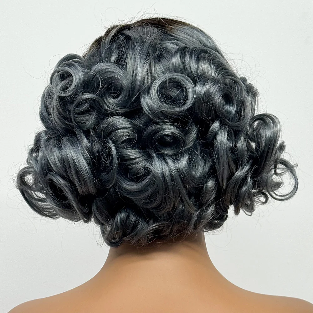 8 Inch 13x4 Transparent Lace Front Loose Wave Human Hair Wig Gray Color 250% Density Short Bob Bouncy Curly Wigs for Black Women