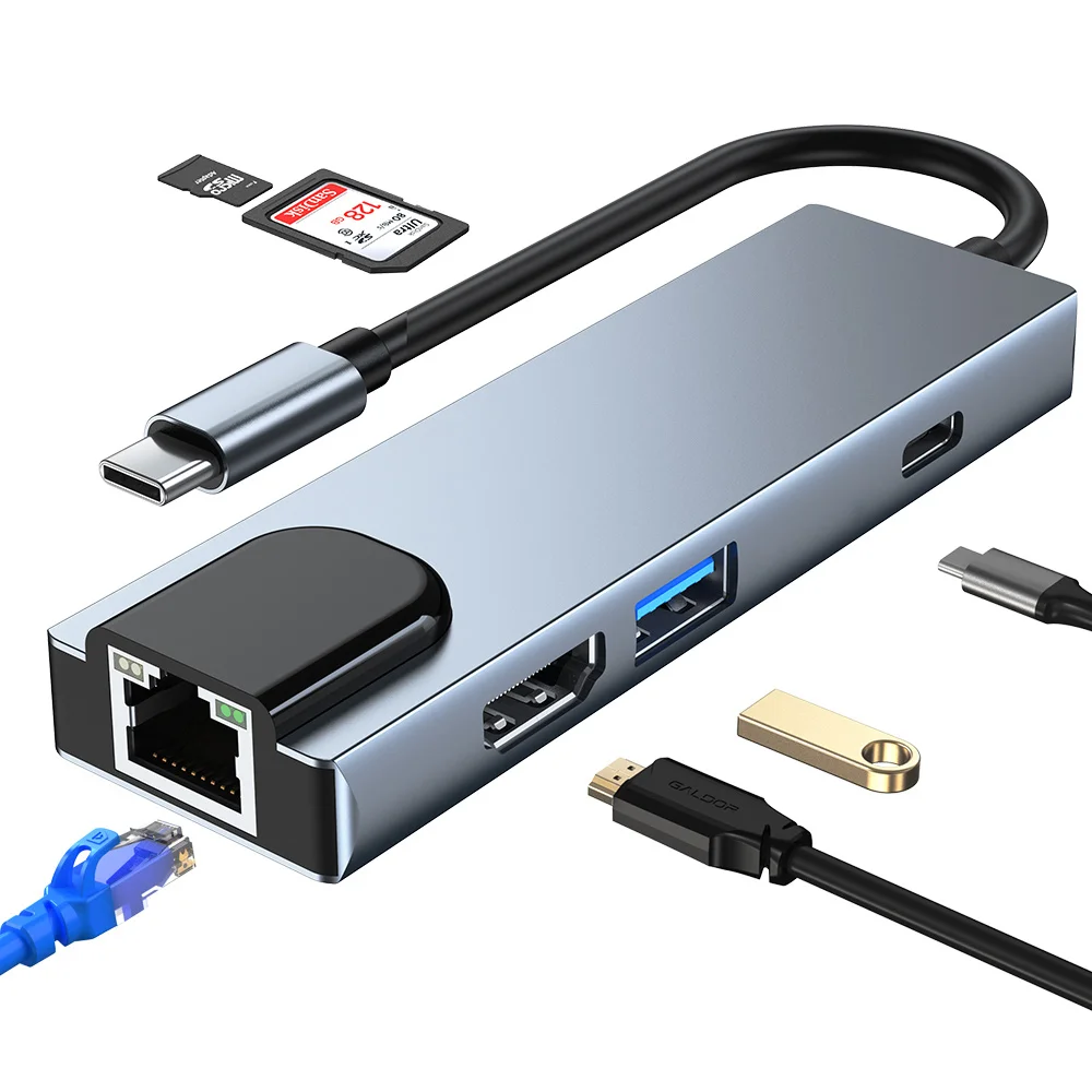 

6 In 1 Docking Station Hub Type C To HDMI-Compatible 100M RJ45 HDMI-4K TF/SD Card Reader Adapter For MacBook MateBook Laptop