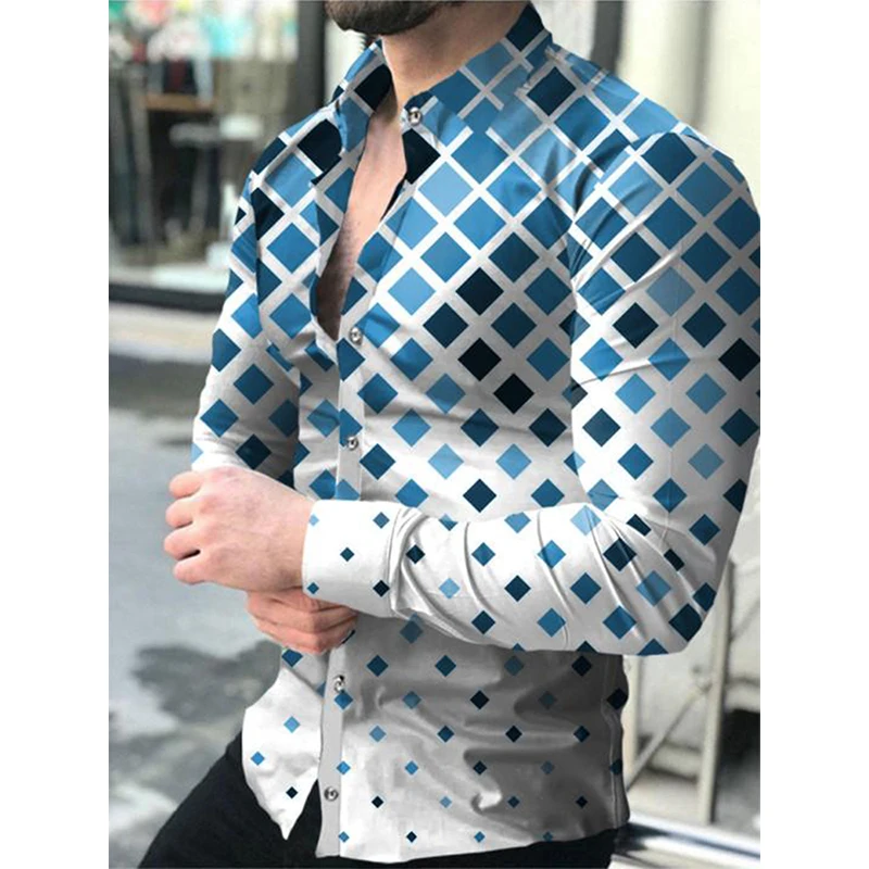 

New Autumn Fashion Social Men Shirts Turn-down Collar Buttoned Shirt Casual Lattice Print Long Sleeve Tops Mens Clothes Cardigan