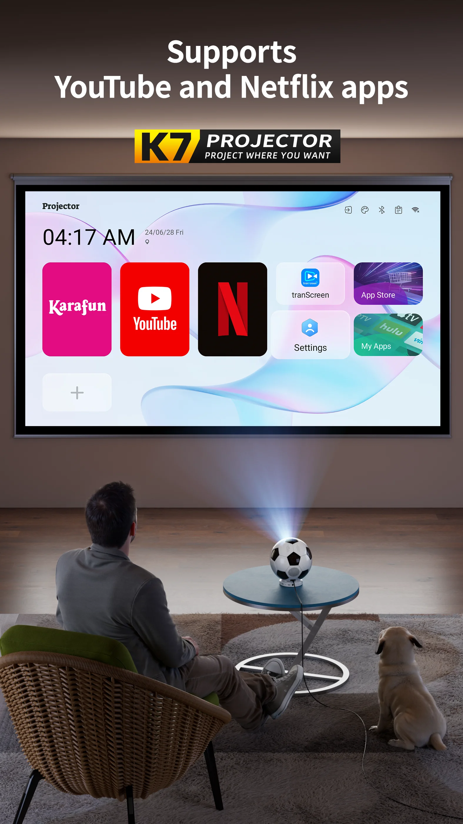 1080P Projector Portable WiFi6 Bluetooth Rotatable Ceiling Projector for Bedroom